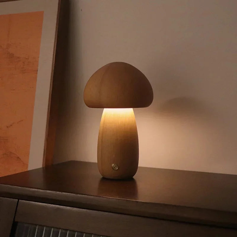 Lampe de Chevet Champignon en Bois – Veilleuse LED Tactile