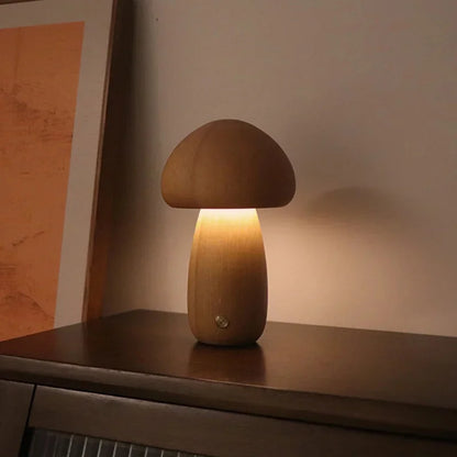 Lampe de Chevet Champignon en Bois – Veilleuse LED Tactile
