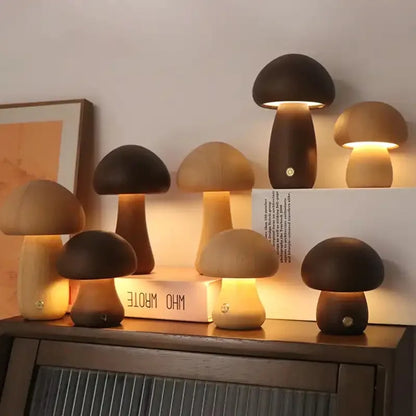 Lampe de Chevet Champignon en Bois – Veilleuse LED Tactile