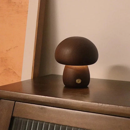 Lampe de Chevet Champignon en Bois – Veilleuse LED Tactile