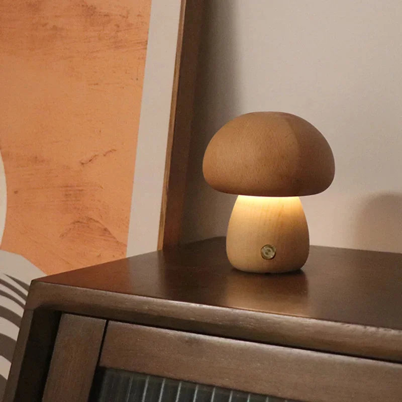 Lampe de Chevet Champignon en Bois – Veilleuse LED Tactile