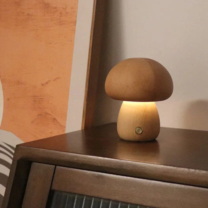 Lampe de Chevet Champignon en Bois – Veilleuse LED Tactile