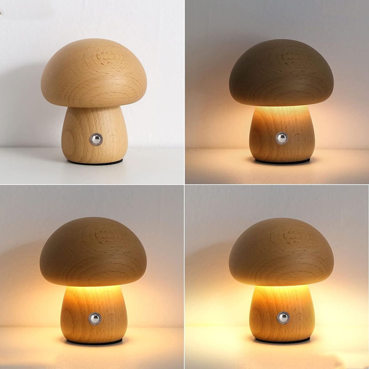 Lampe de Chevet Champignon en Bois – Veilleuse LED Tactile
