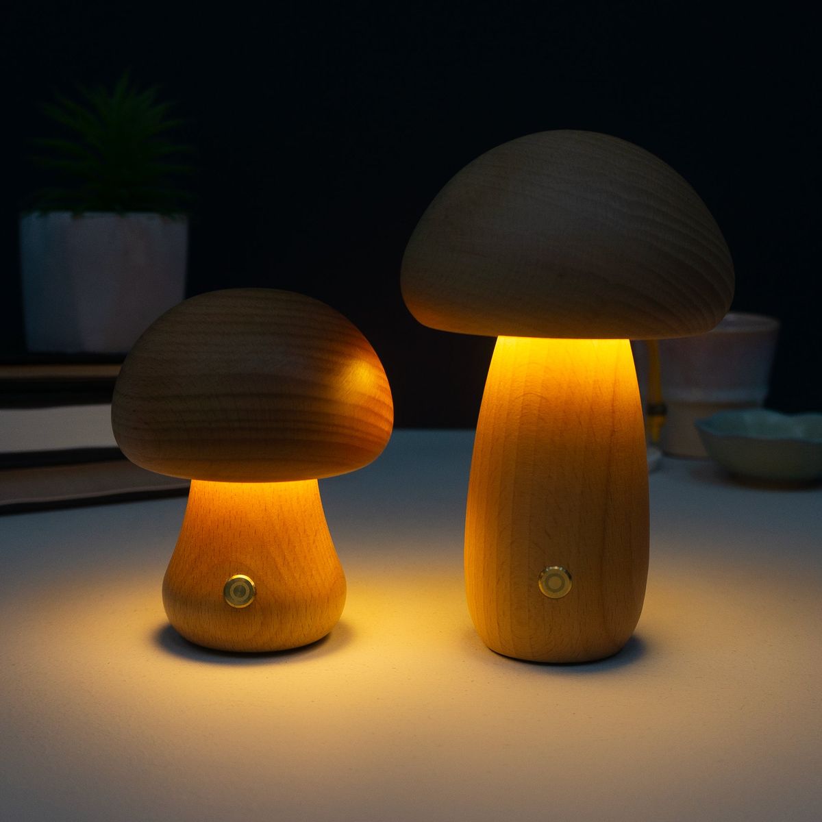 Lampe de Chevet Champignon en Bois – Veilleuse LED Tactile